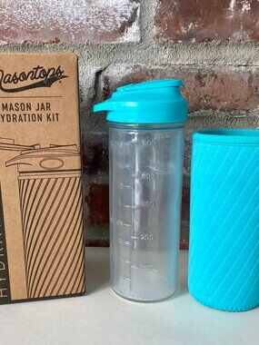 Masontops Mason Jar Hydration Kit, Teal, Glass w/ Neoprene Sleeve, New in Box.